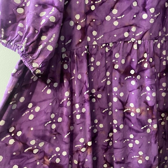 Handmade Plus Size Cotton Batik Purple White Print V-Neck Dress - Picture 8 of 9